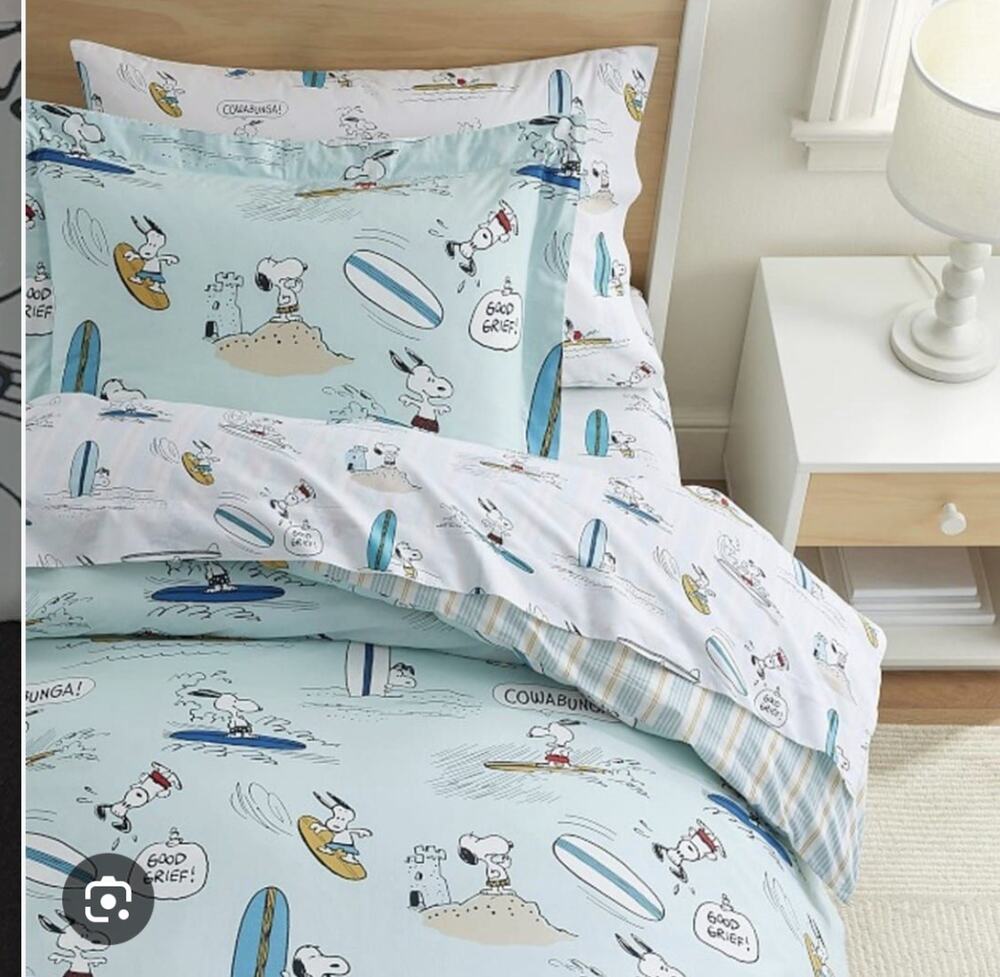 NEW!Pottery Barn Kids Peanuts Surfer Snoopy Duvet Cover Twin Blue 100% Org Cott